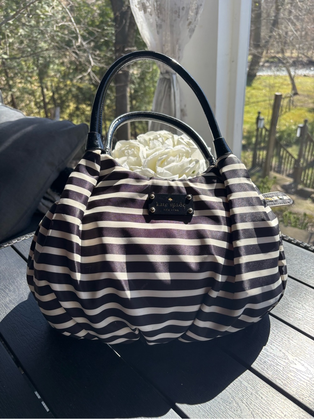 kate spade Black and White Striped Satchel with Top Handles